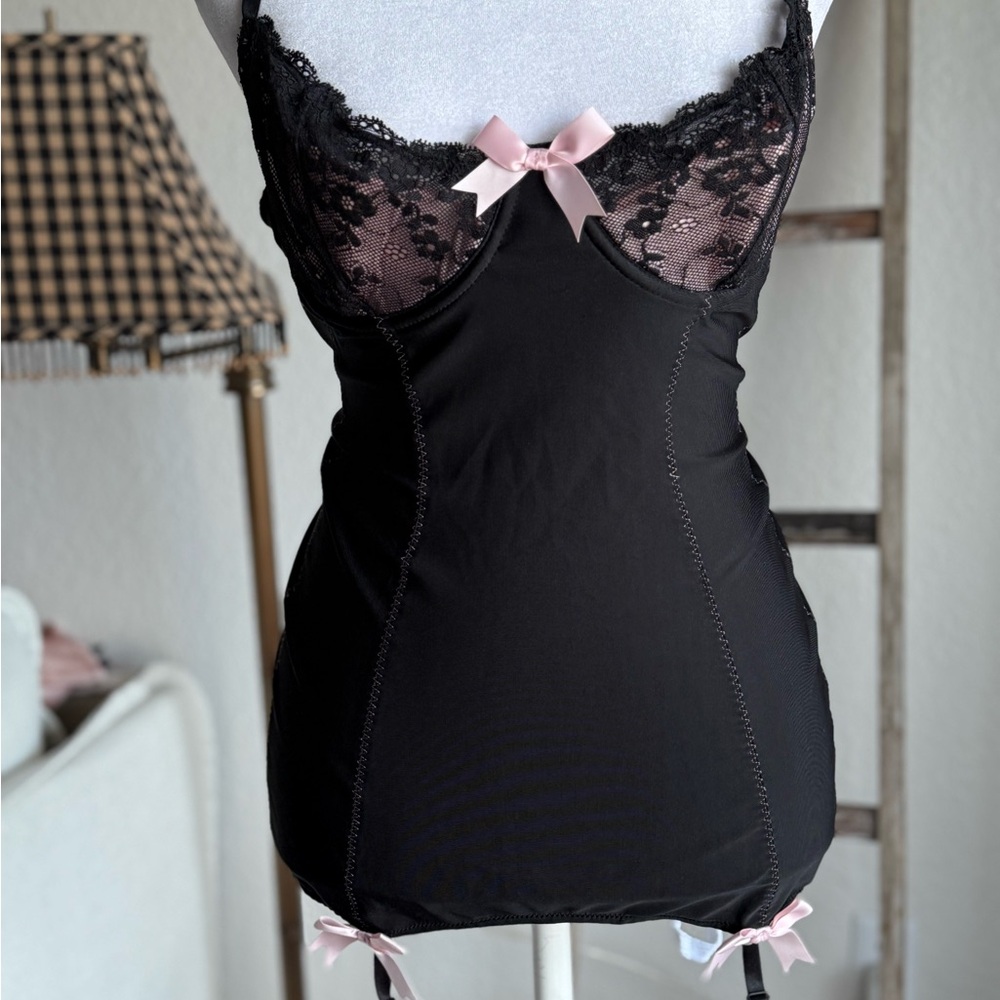 Victoria's Secret Black Chemise with Pink Ribbon Accents